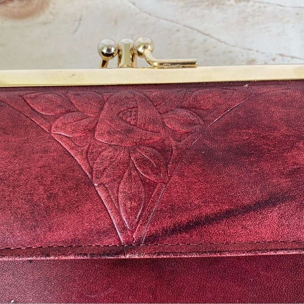 ROLFS vintage red leather wallet coin purse cowhide embossed flower clutch